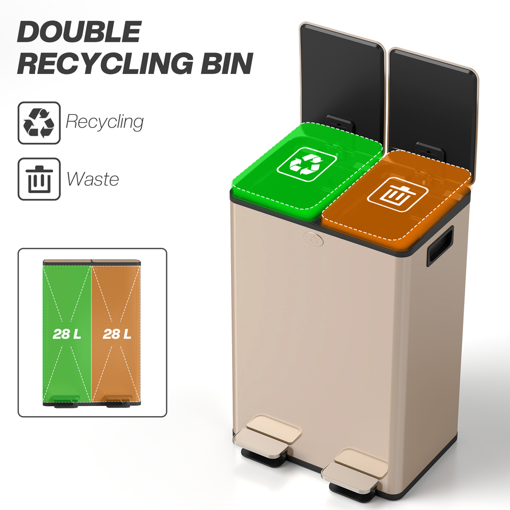 HOMCOM Gold Tone Stainless Steel Double Pedal Bin with Soft-Close Lid 56L Image 4