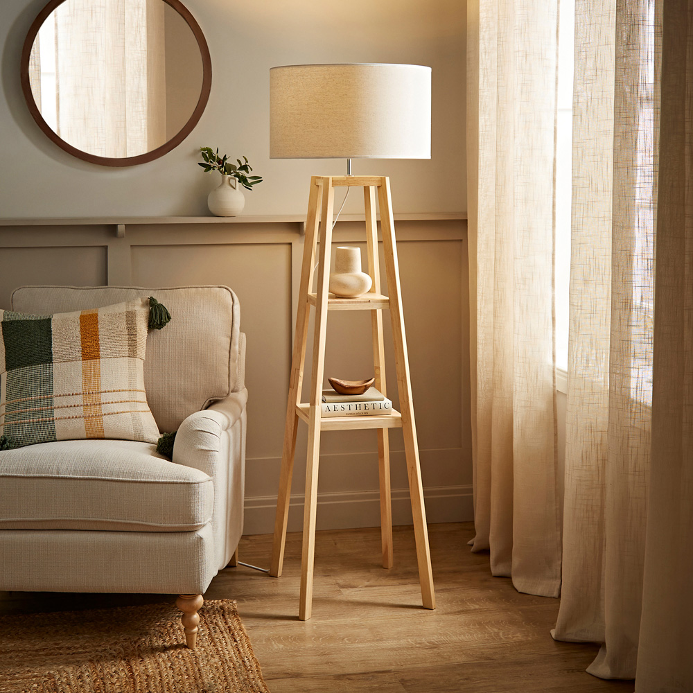 ValueLights Wakefield 2 Shelf White Edge Drum Shade Wooden LED Floor Lamp Image 2
