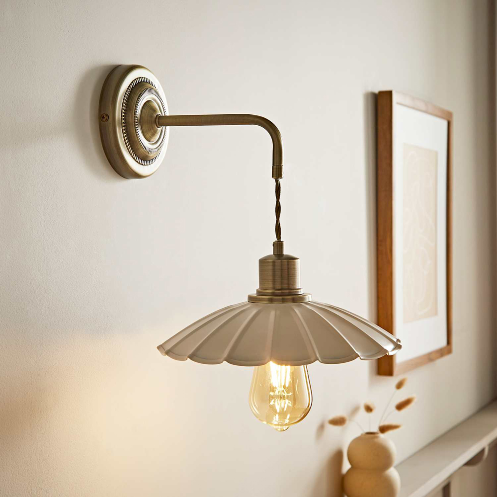 ValueLights Holborn Cream Scallop Metal Shade Brushed Gold Adjustable Wall Light with Bulb 2 Pack Image 2
