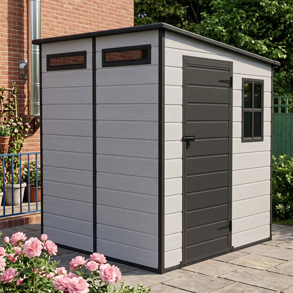 Living and Home 6 x 6ft Plastic Pent Garden Storage Shed with Window Image 1