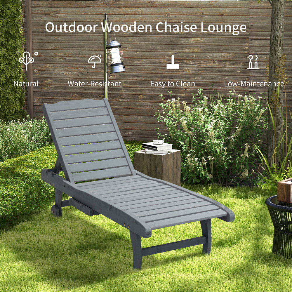Outsunny Grey Wooden Sun Lounger with Pull Out Table Image 7