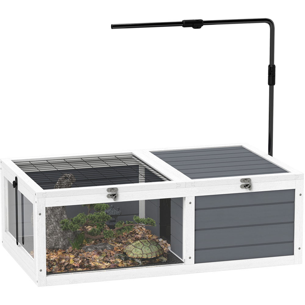 PawHut Grey Wooden Tortoise House with Lamp Holder Image 3