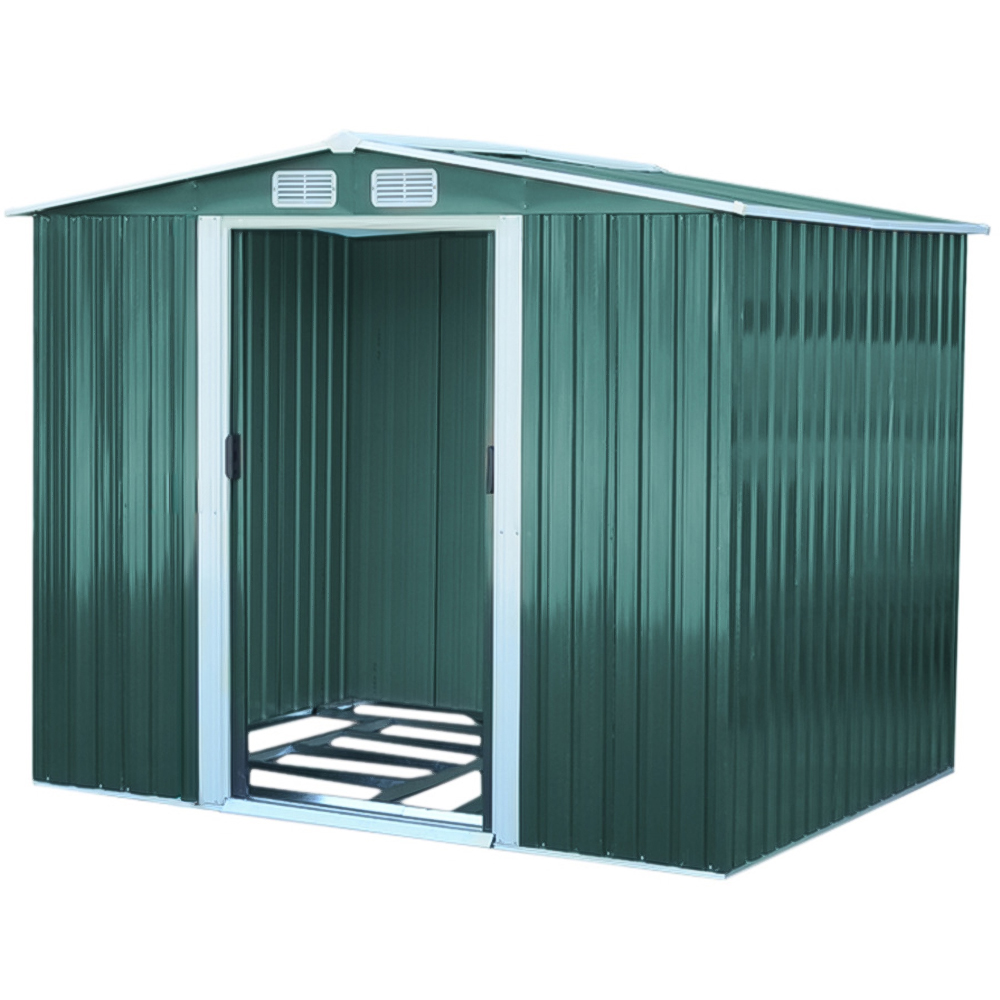 Living and Home 8 x 8ft Double Door Green Metal Garden Shed with Foundation Image 1