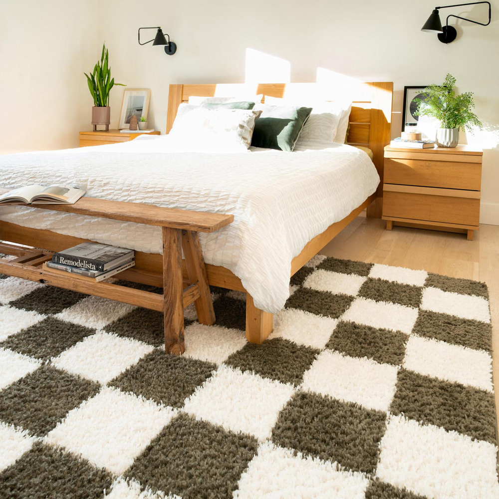 Kukoon Checkers Josie Olive Green and Cream Checkerboard Soft Rug 160 x 230cm Image 1
