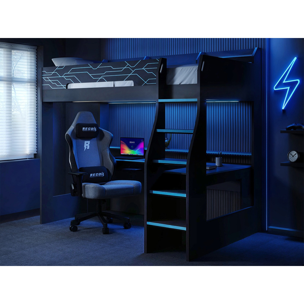 Recoil Ultimate Small Double Charcoal and Neon Blue Gaming High Sleeper Bed with LED Image 5