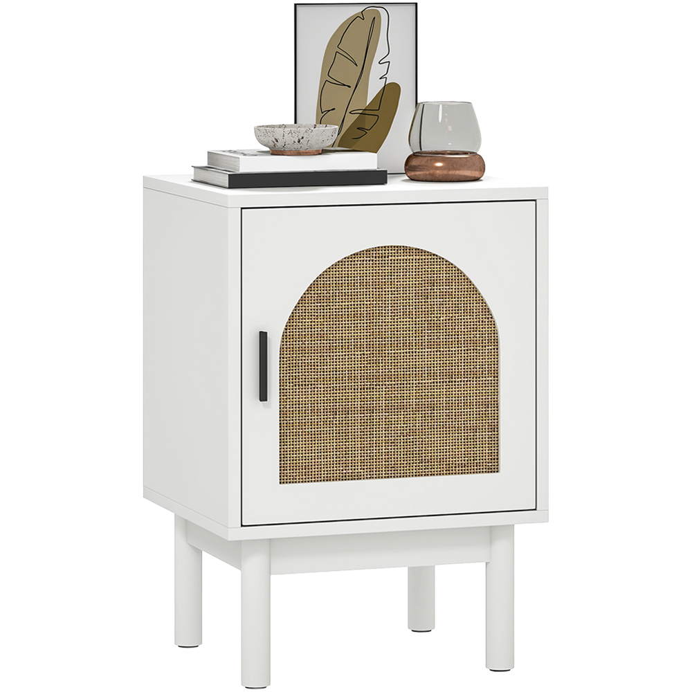 HOMCOM Boho Rattan Single Door White Bedside Table Image 2