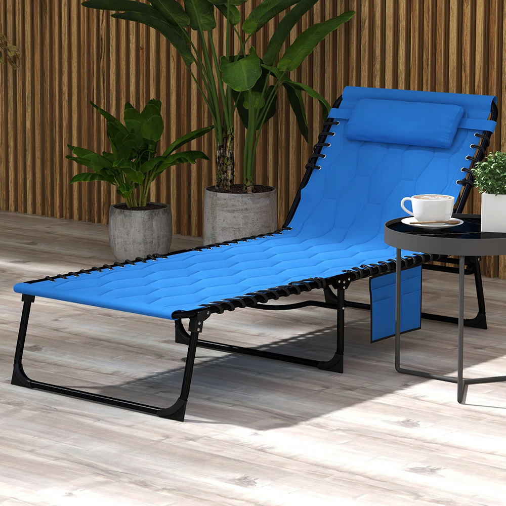 Outsunny Blue Foldable Recliner Sun Lounger with Side Pocket Image 1