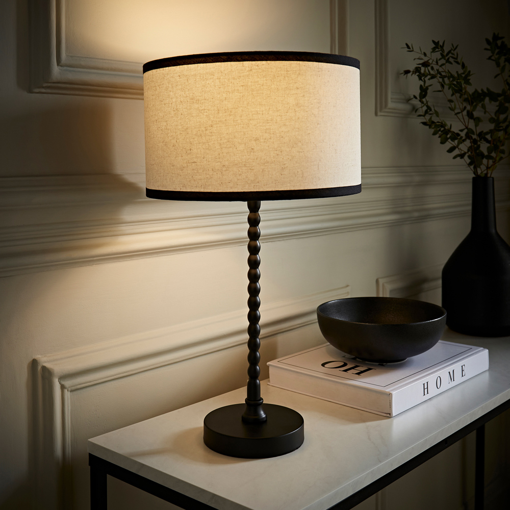 ValueLights Maeve Natural Linen Black Trim Drum Shade Bobbin Table Lamp and Bulb Image 2