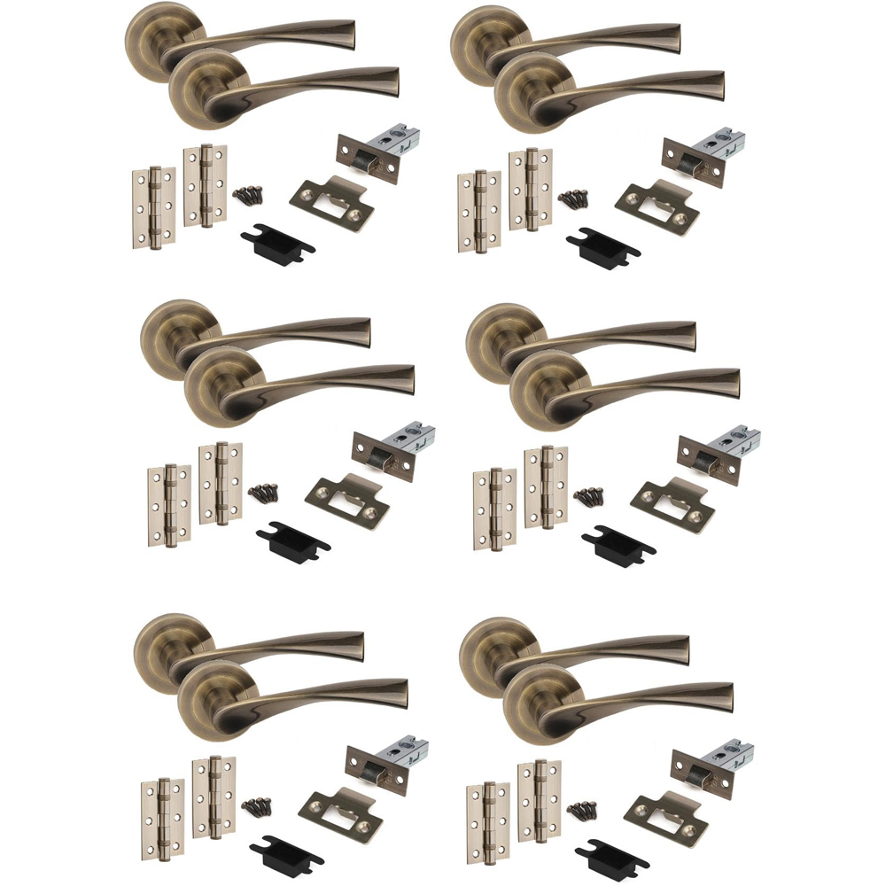 Golden Grace Astrid Antique Brass Door Handles and Tubular Latch Set 6 Pack Image 1