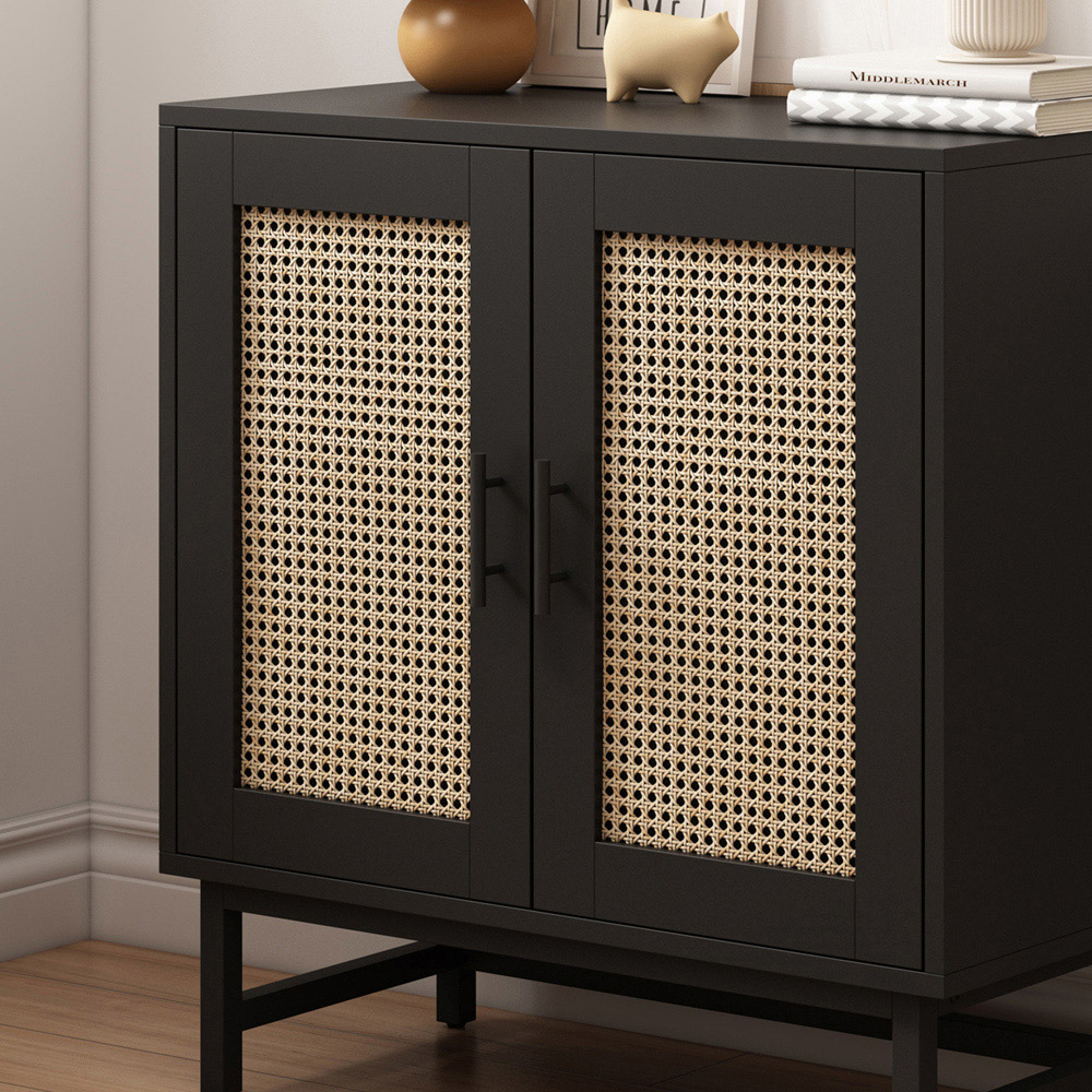 FurnitureHMD 2 Door Black Rattan Wooden Storage Cabinet with Metal Legs Image 5