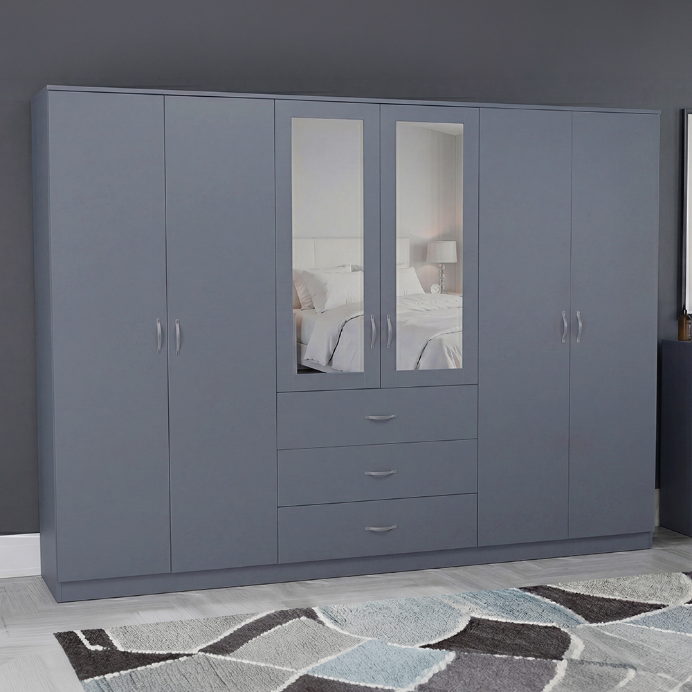 VIDA DESIGNS Riano 6 Door 3 Drawer Grey Mirrored Wardrobe Image 1