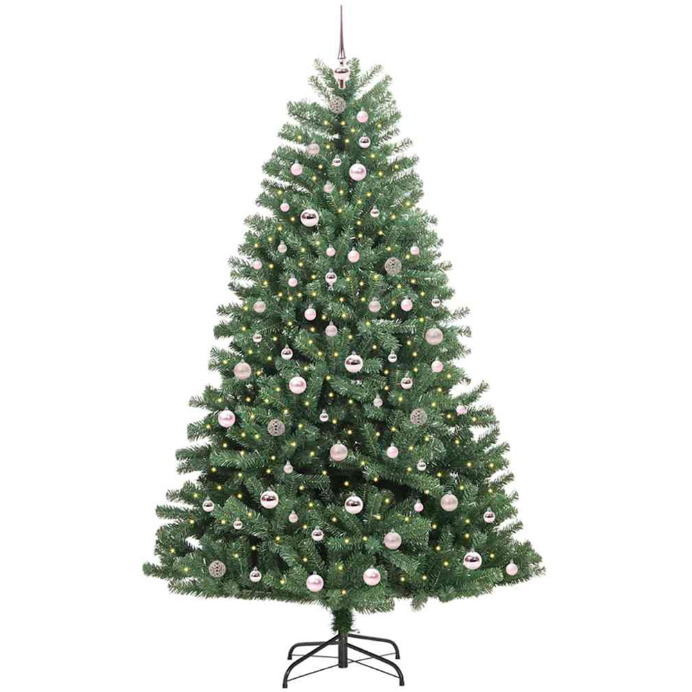 vidaXL Pre-Lit Pink Baubles Green Artificial Hinged Christmas Tree 7ft Image 1