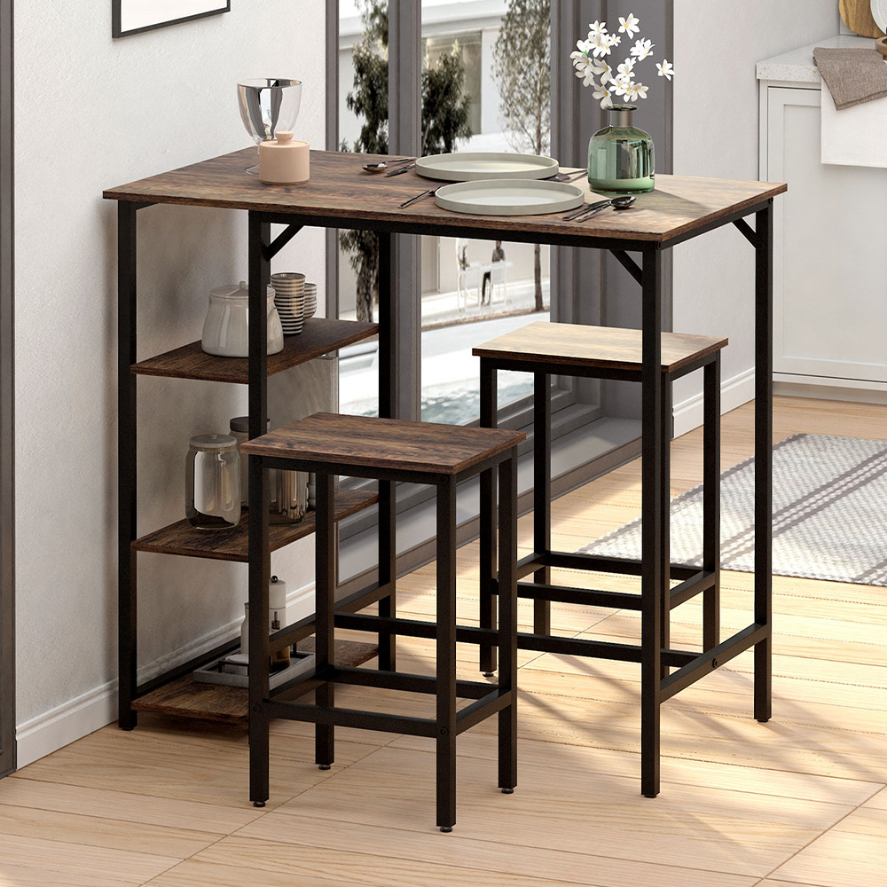 Portland 2 Seater Wood Effect Bar Table with Stools and Side Shelf Image 1