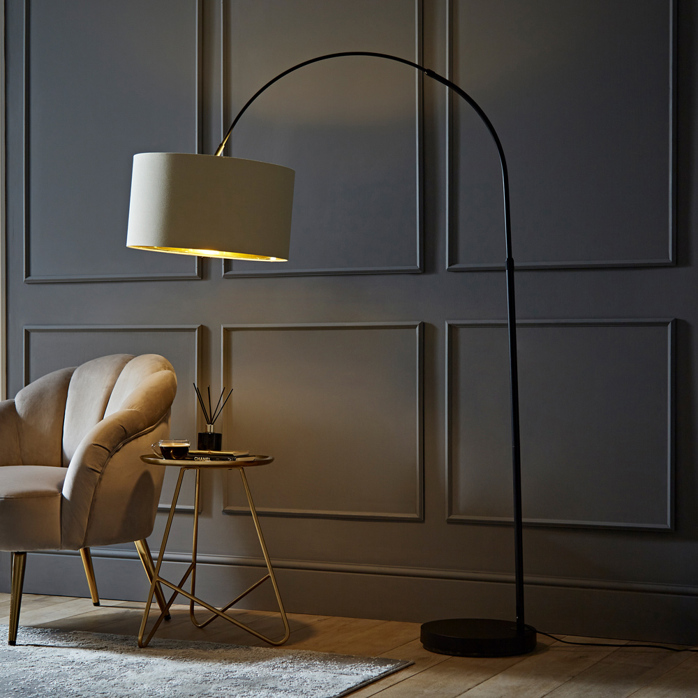 ValueLights Louis Beige and Gold Shade Black Curved LED Floor Lamp Image 2