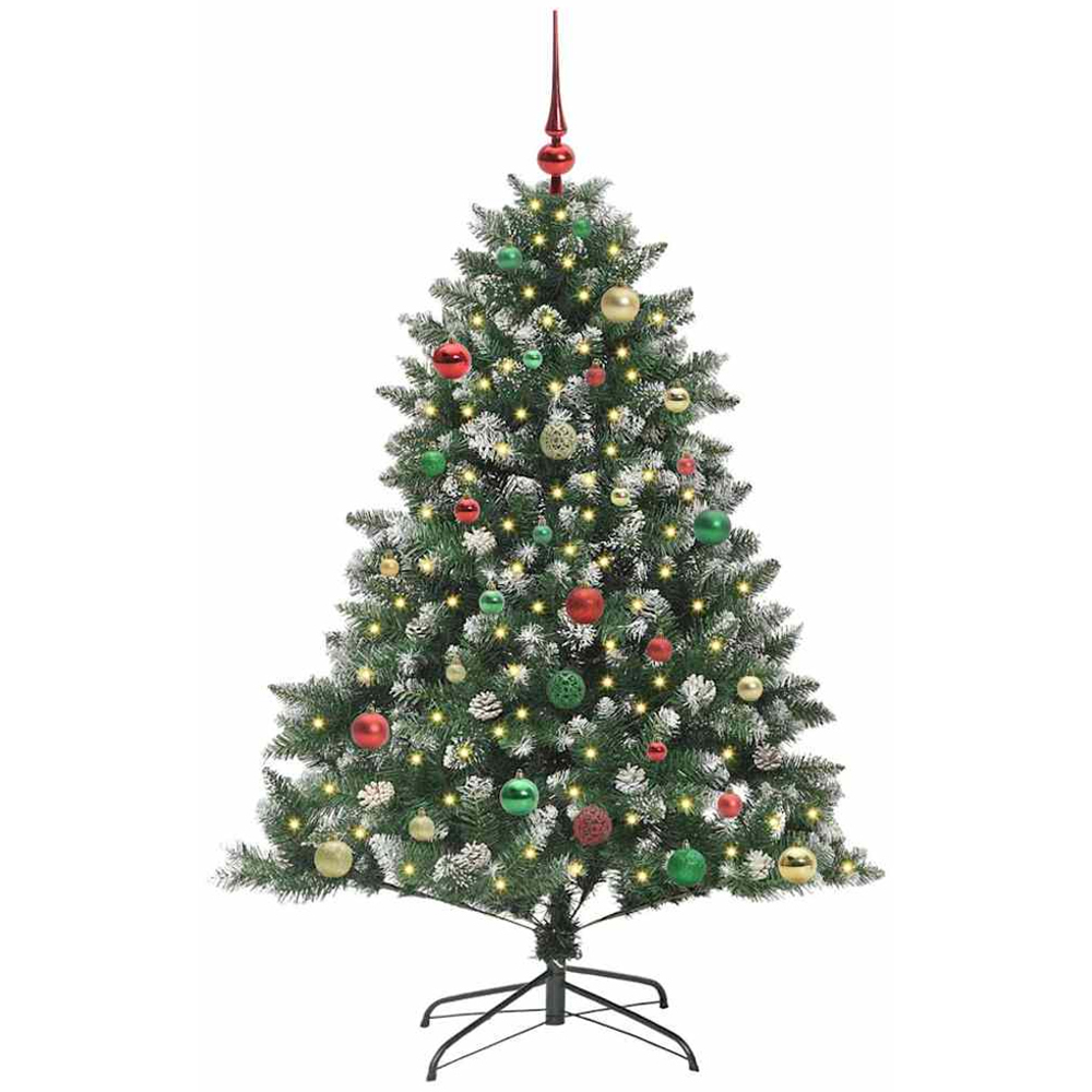 vidaXL Pre-Lit Multicolour Baubles Green Artificial Snow Tipped Christmas Tree 5ft Image 1