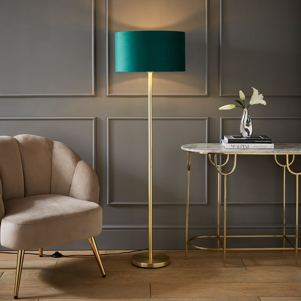 ValueLights Charlie Green Velvet and Metallic Shade Gold Floor Lamp and Bulb Image 2