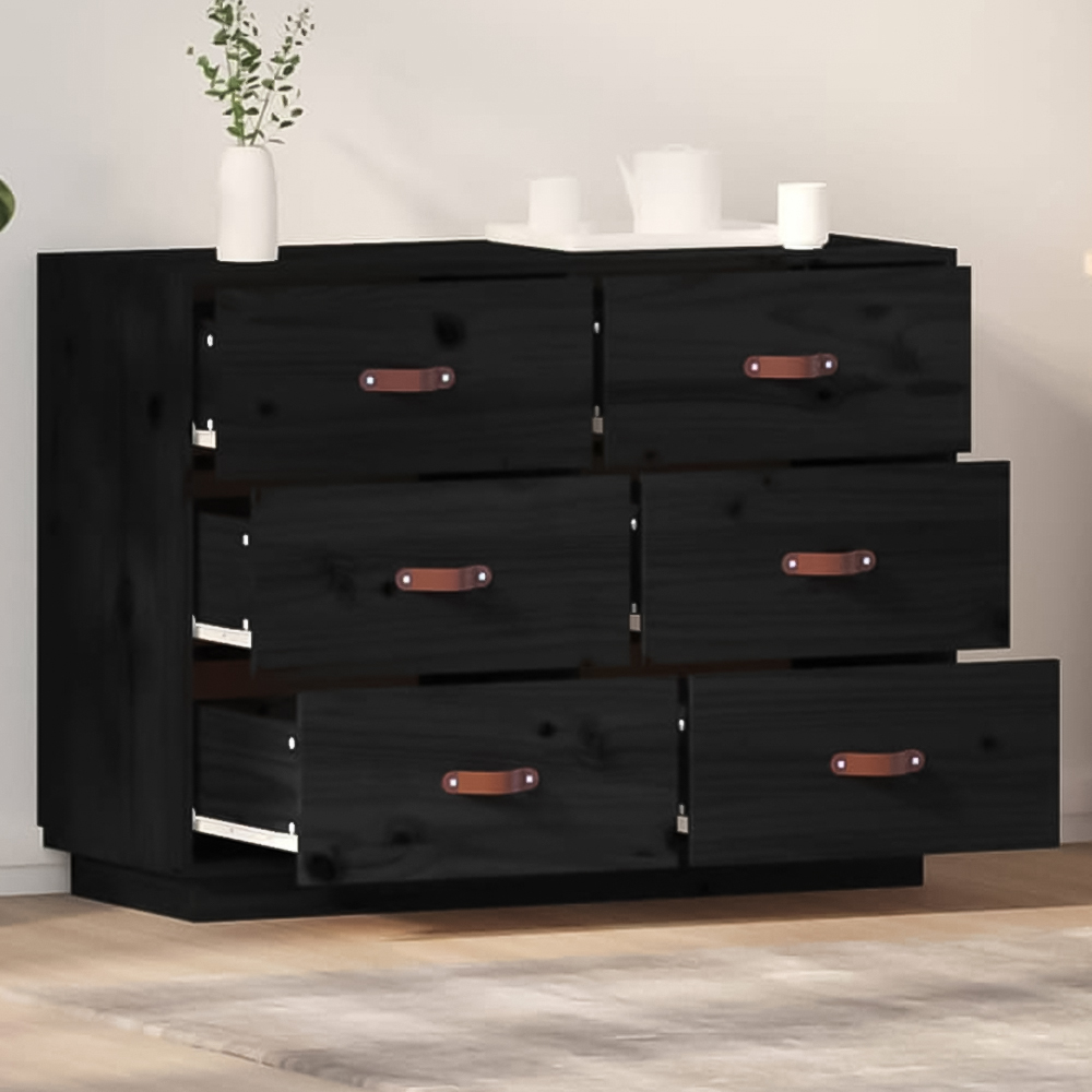 vidaXL 6 Drawer Black Solid Pine Wood Sideboard Image 1