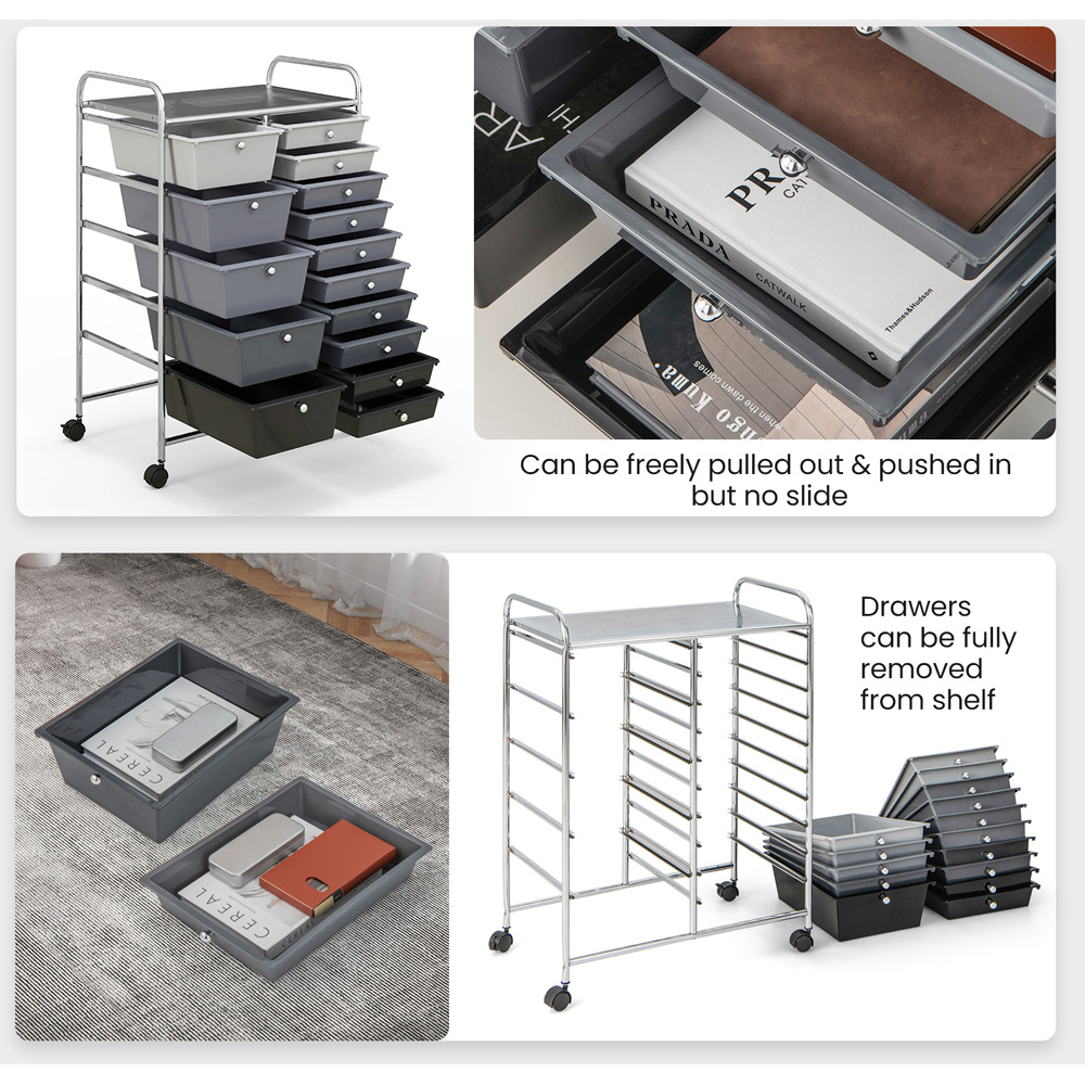 Costway 15 Drawer Grey Rolling Storage Cart Image 3