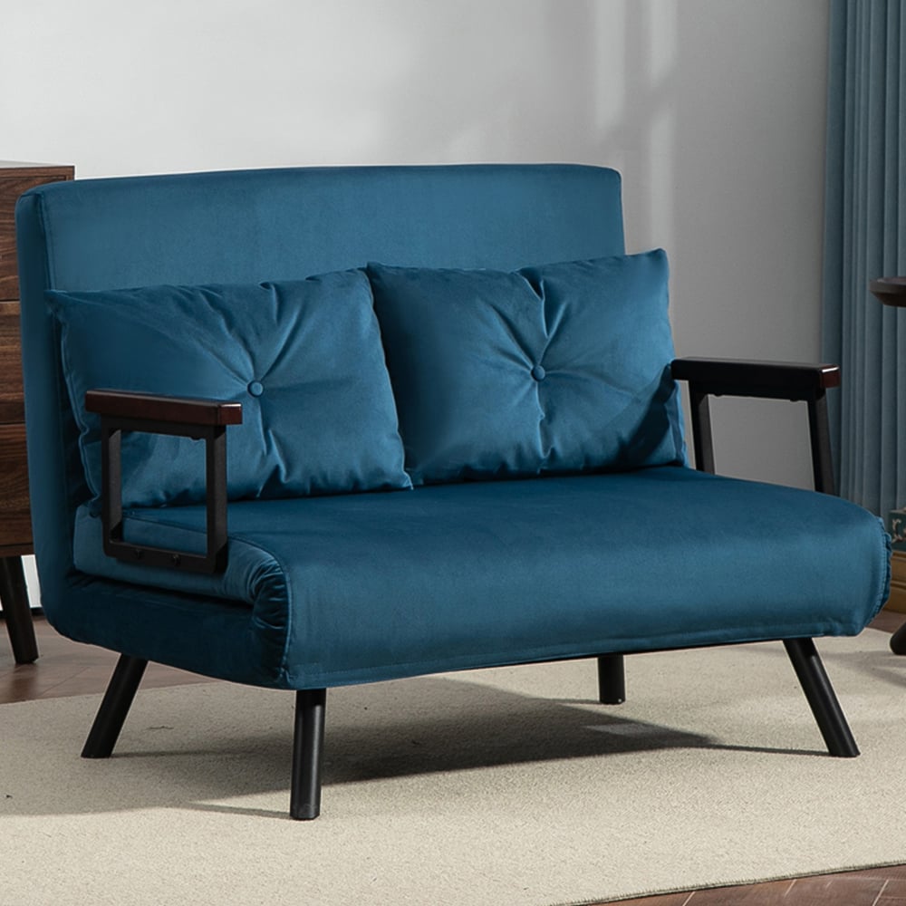 HOMCOM 2 Seater Navy Blue Velvet Feel Fabric Convertible Sofa Bed Image 1