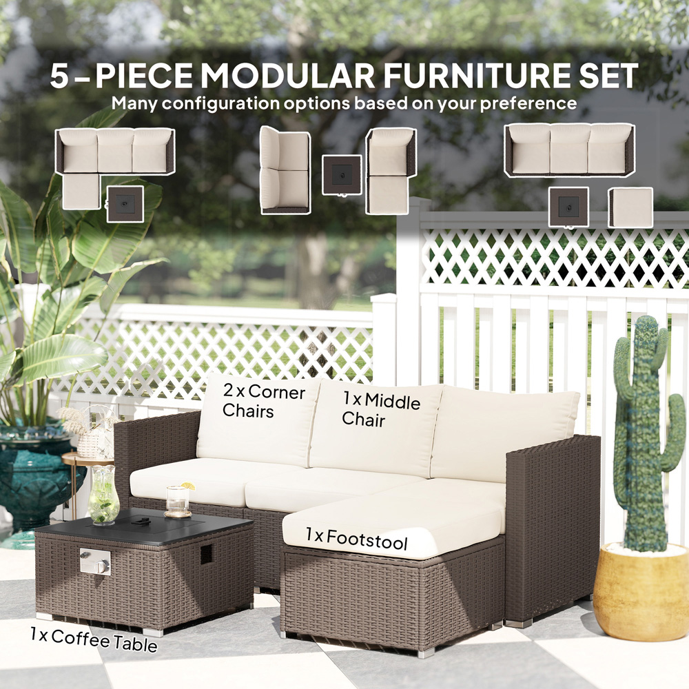 Outsunny 4 Seater Brown and Cream Rattan Sofa Set with Footstool Image 8