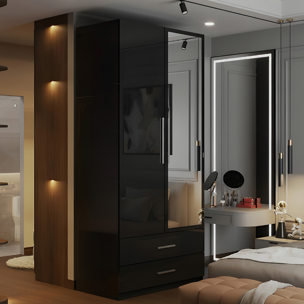 M N Furniture Glossera 2 Door 2 Drawer Black High Gloss Mirrored Wardrobe 80cm Image 1