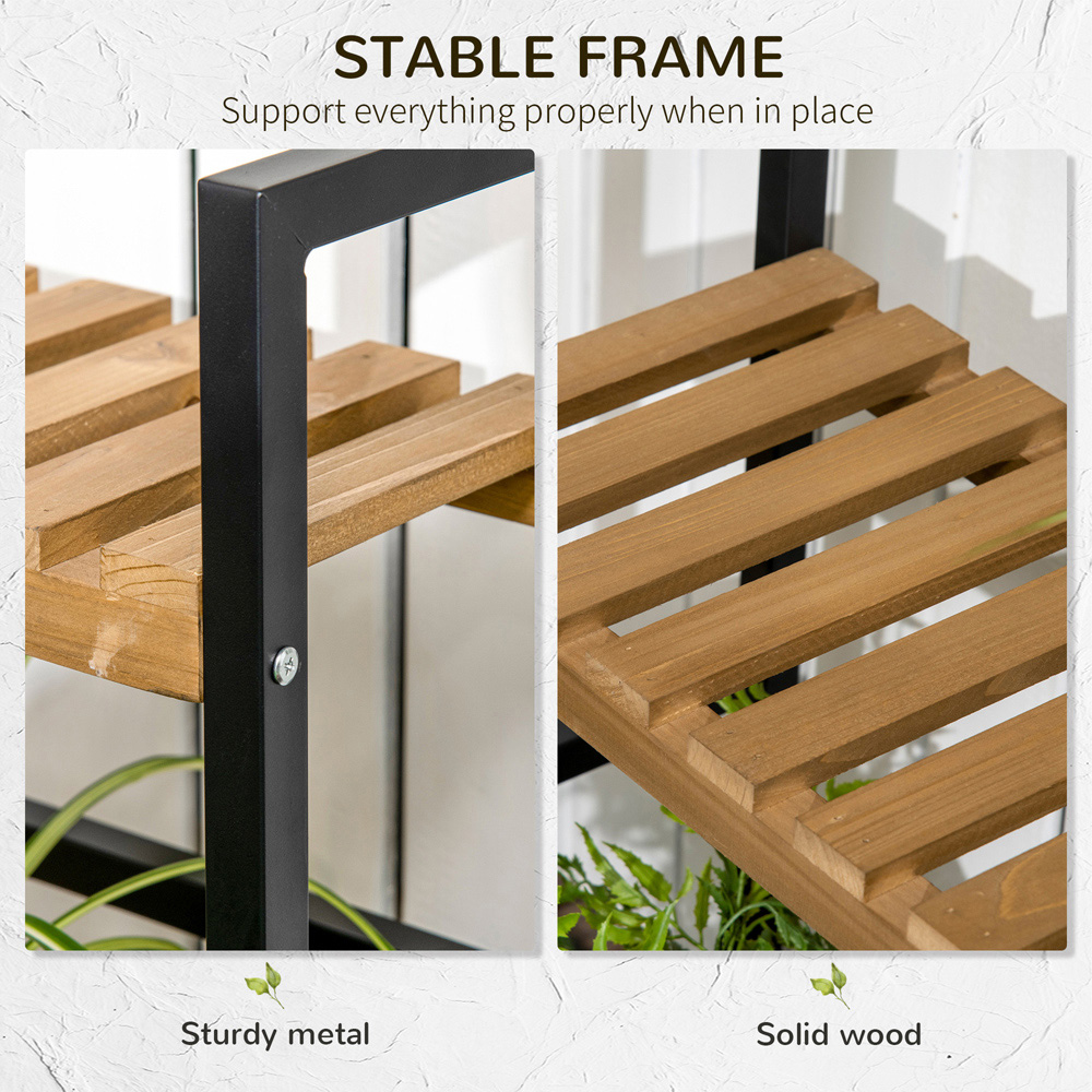 Outsunny 3-Tier Wood and Metal Plant Stand with Top Hooks Image 6