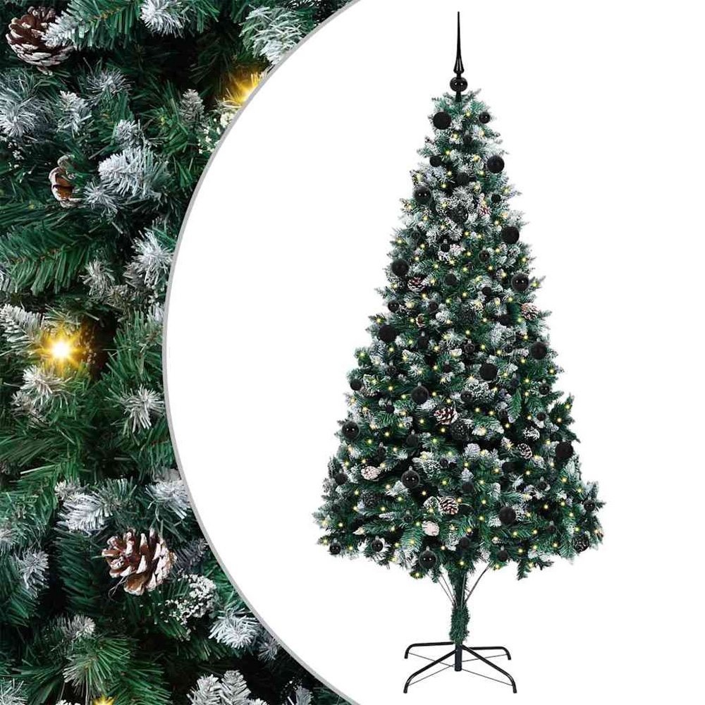 vidaXL Pre-Lit Black Baubles Green Artificial Christmas Tree 7ft Image 2
