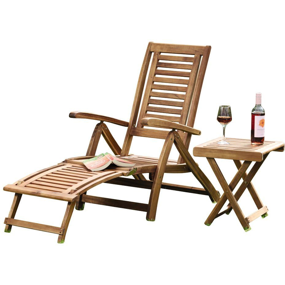 Thompson & Morgan Set of 2 Acacia Steamer Chair with Folding Side Table Image 2