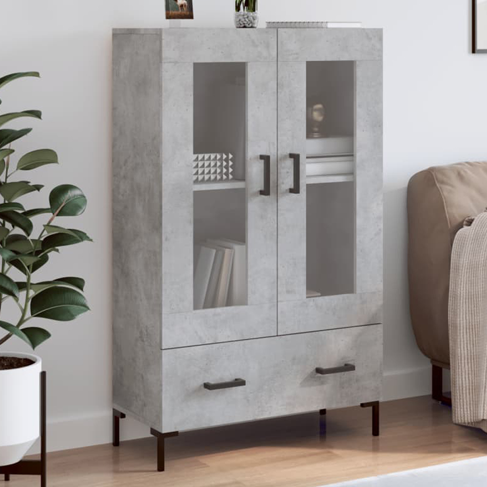 vidaXL 2 Glass Door Single Drawer Concrete Grey Highboard with Black Handle Image 1