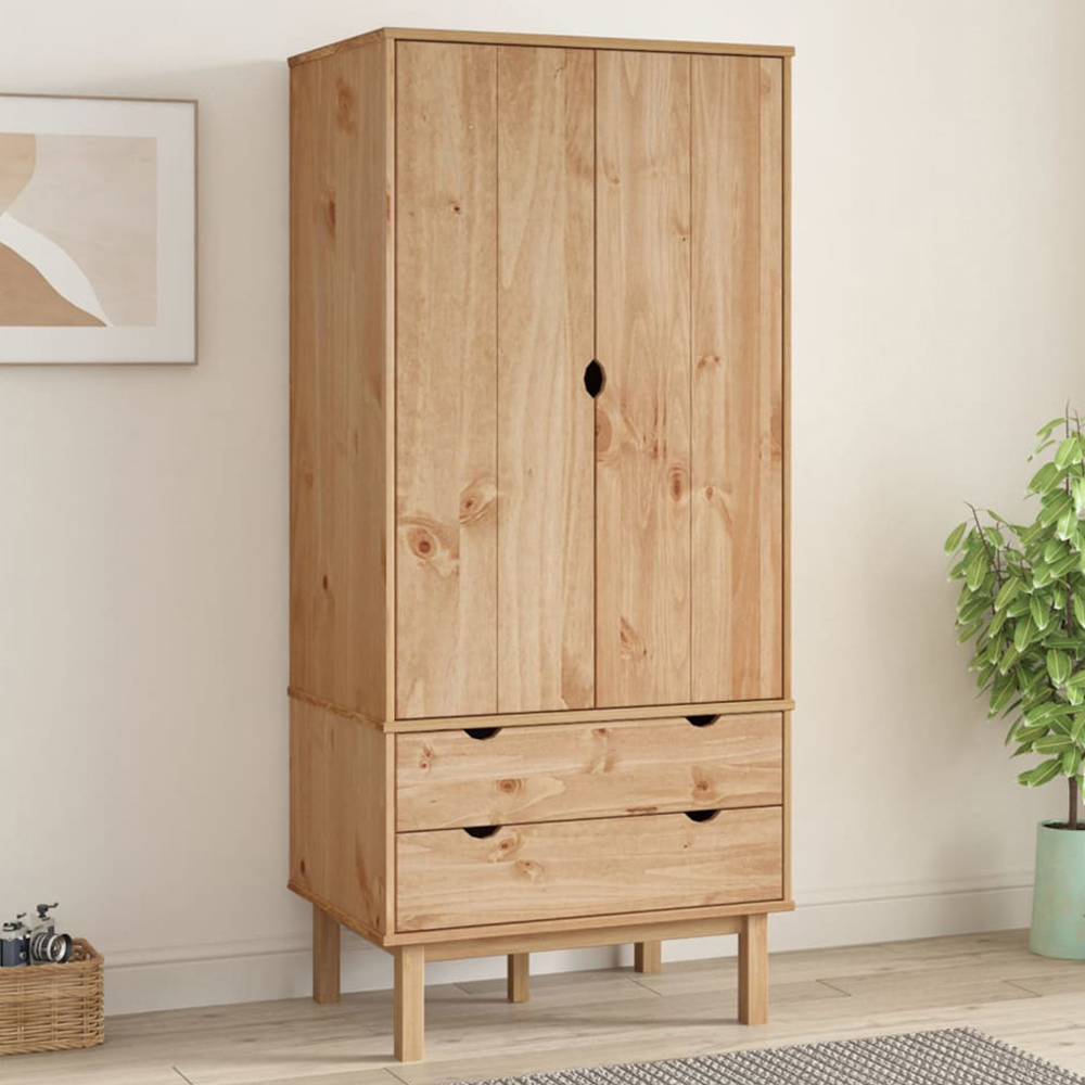 vidaXL Otta 2 Drawer 2 Door Brown Solid Wood Pine Wardrobe Image 1