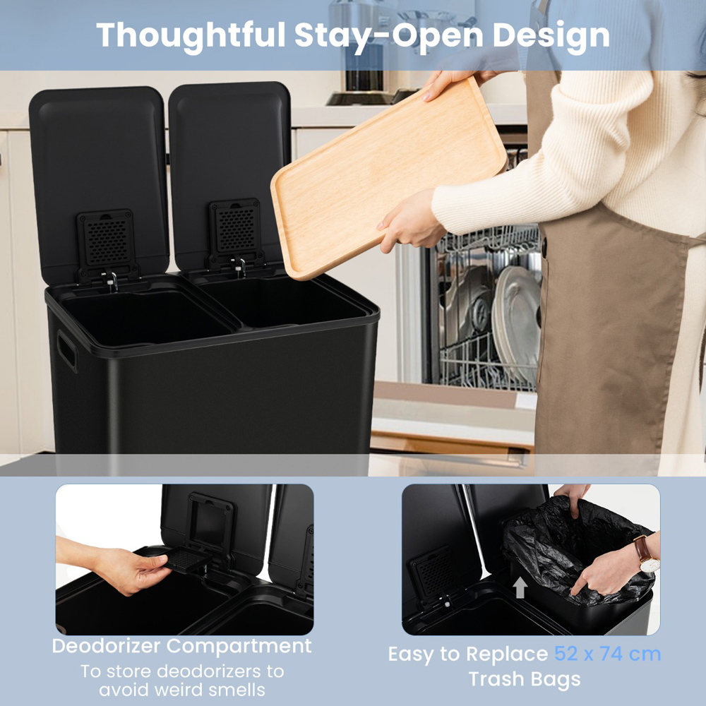 Costway Black Trash Can with 2 Deodoriser Compartment 60L Image 6