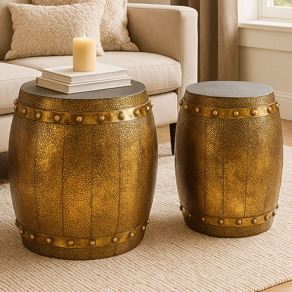 Premier Housewares Reza Hammered Drum Table and Stool Set Image 1
