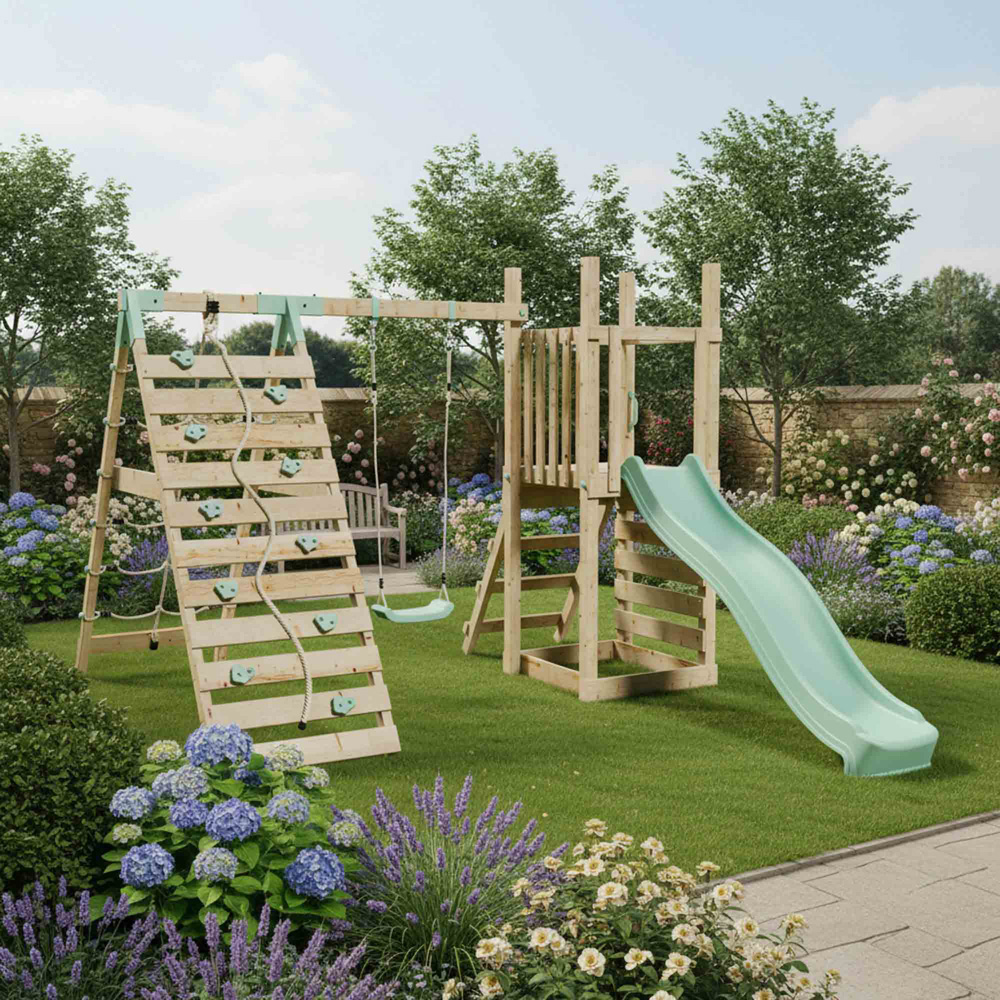 Mercia Mountain Climbing Frame Play Tower with Slide Swing and Climbing Frame Wall Image 2