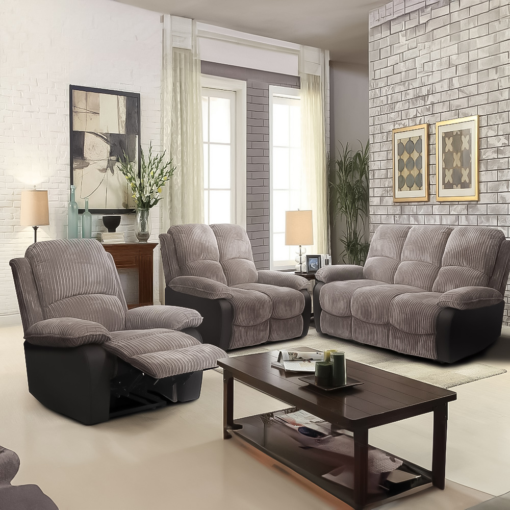 Brooklyn 6 Seater Grey Jumbo Cord Manual Recliner Sofa Set Image 1