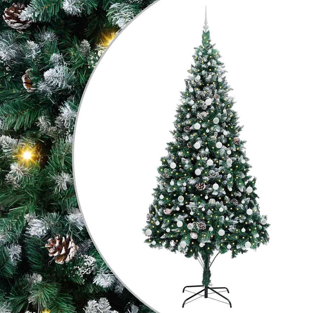 vidaXL Pre-Lit White Baubles Green Artificial Christmas Tree 8ft Image 2
