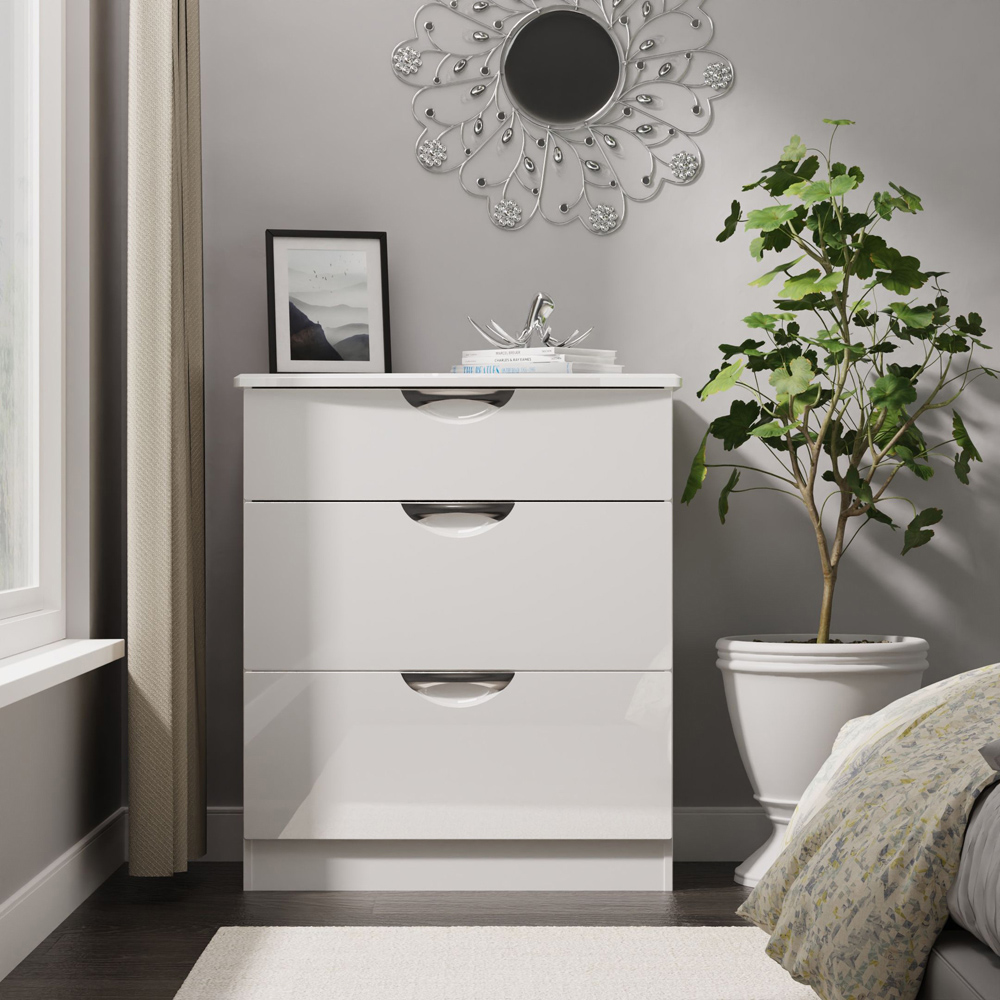 Crowndale Camden 3 Drawer White Gloss and White Deep Chest of Drawers Ready Assembled Image 7