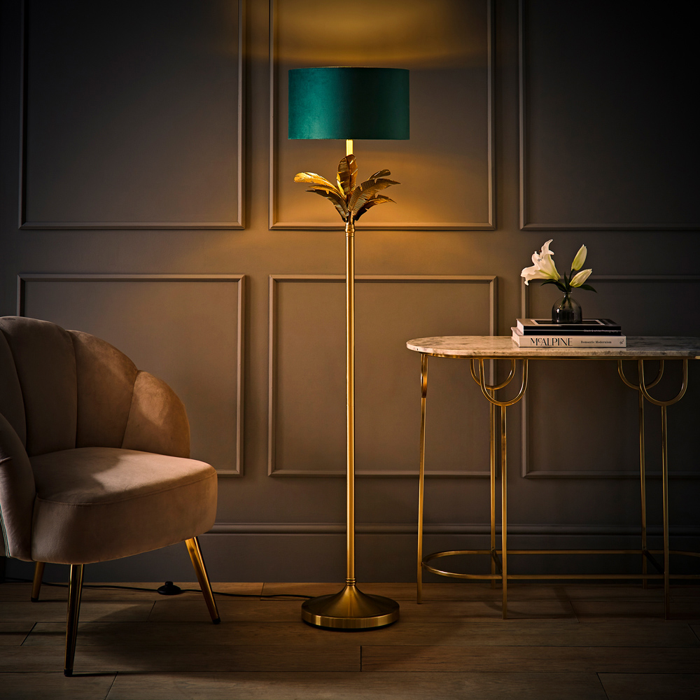 ValueLights Christina Green Velvet and Gold Palm Leaf Floor Lamp with Bulb Image 6