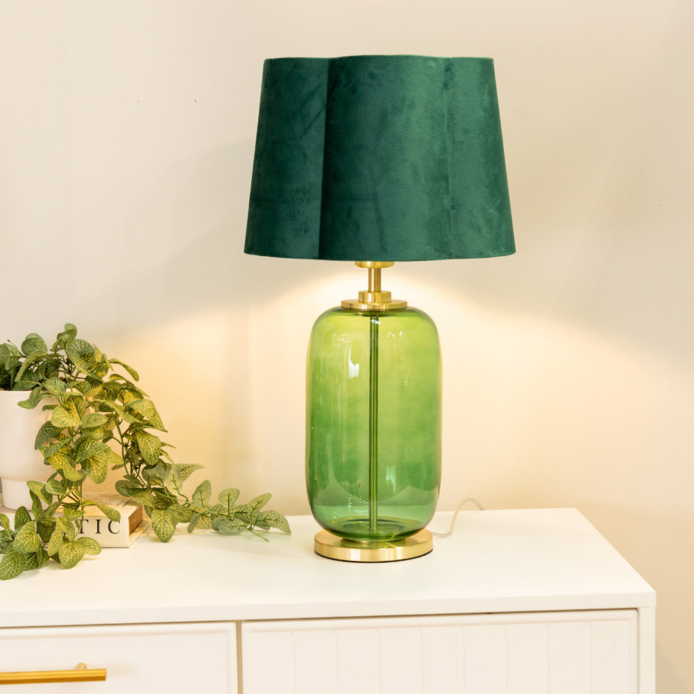 ValueLights Leigh Green Velvet Scallop Shade Forest Green Glass LED Table Lamp Image 2