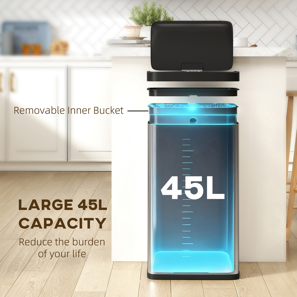 HOMCOM Silver and Black Stainless Steel Slim Automatic Sensor Bin 45L Image 5