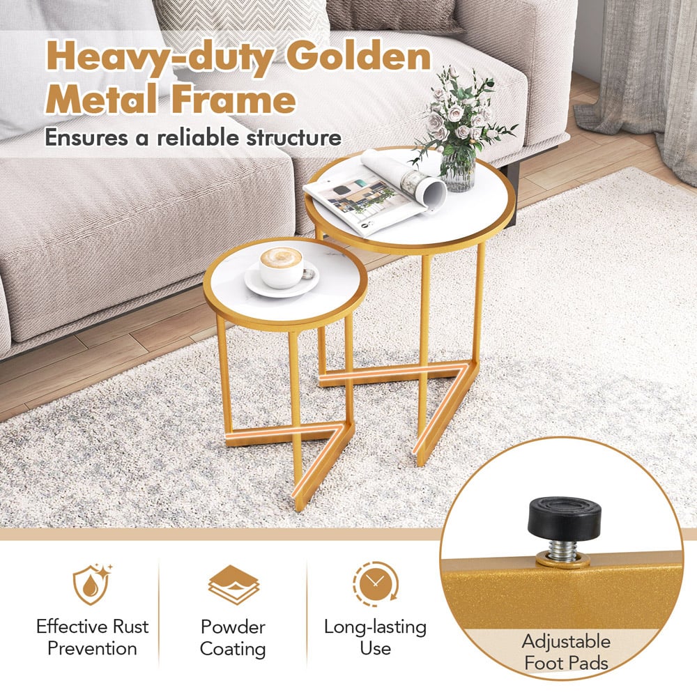 Costway White Faux Marble Tabletop Round Nest of 2 Tables Image 5
