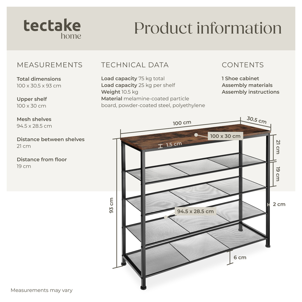 tectake Sheffield 4 Grid Shelf Dark Wood Shoe Rack Image 8
