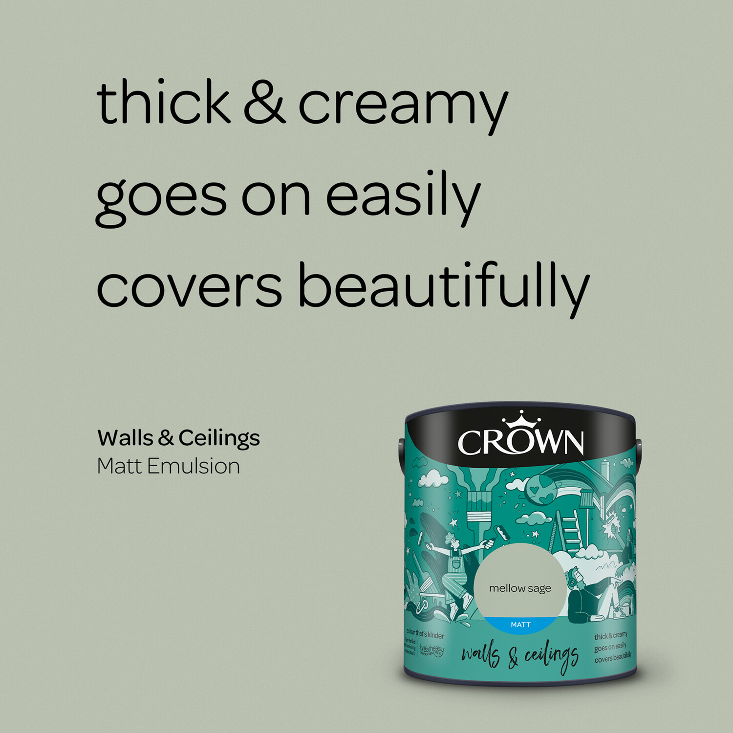 Crown Wall & Ceilings Mellow Sage Matt Emulsion Paint 2.5L Image 7