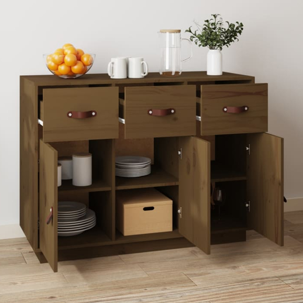 vidaXL 3 Door 3 Drawer Honey Brown Solid Pine Wood Sideboard Image 1