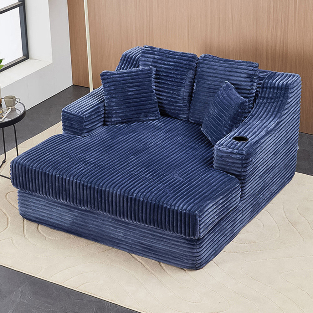 Living and Home Blue Corduroy Chaise with Cup Holder Image 1
