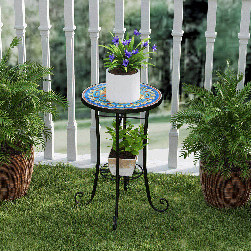 Outsunny Single Shelf Blue Round Mosaic Garden Side Table Image 3