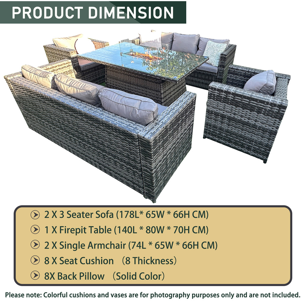Florence 8 Seater Grey Rattan Firepit Table Garden Corner Lounge Set Image 9