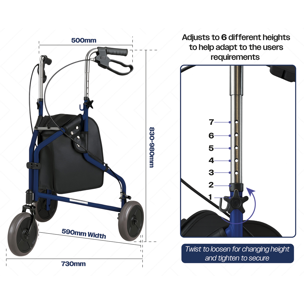 Aidapt 3 Wheel Blue Walker with Bag Image 6