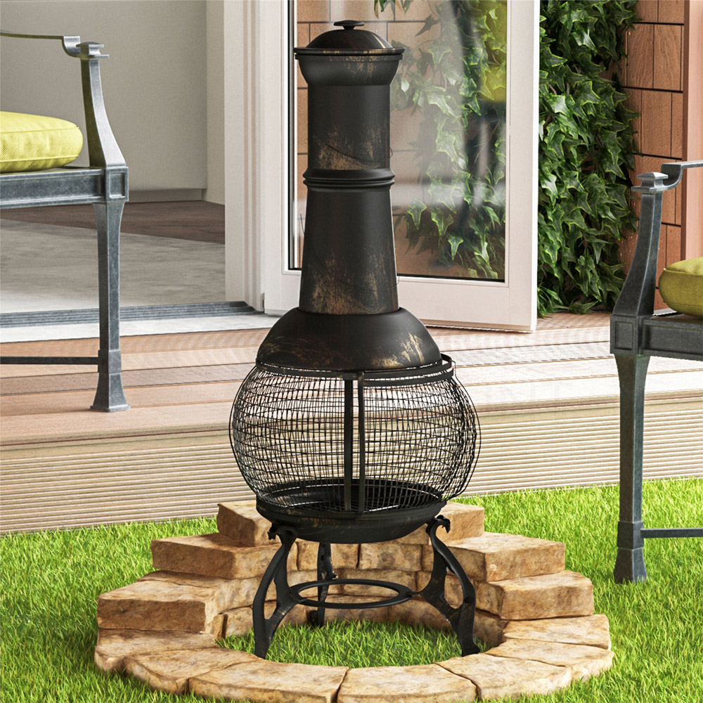 GARDEN VIDA Black and Gold Steel Large Chiminea Image 6