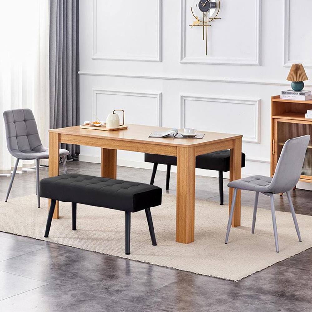 Portland 4 Seater Velvet Wooden Dining Set with Bench Oak Effect Grey and Black Image 1