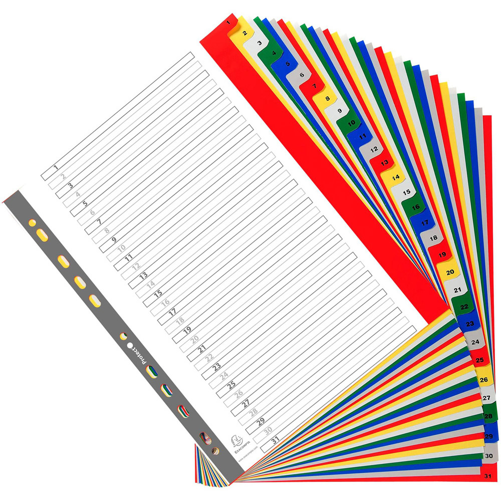 Exacompta A4 Maxi Bright Assorted Colour Polypropylene 1-31 Printed Divider 20 Pack Image 6